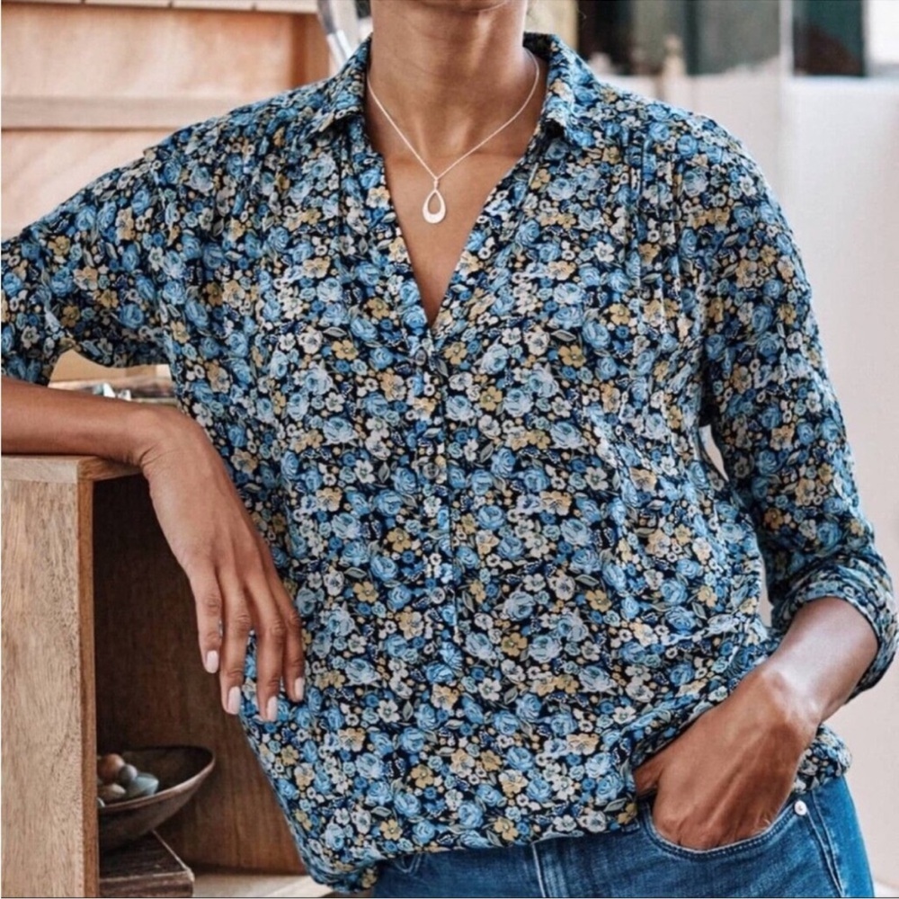J. Jill Smocked Relaxed Blue Floral Button Down Blouse